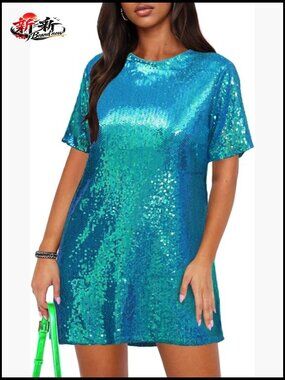 Sequined Shift Dress Sparkly Party Club Night Out Sequin T-Shirt Dress